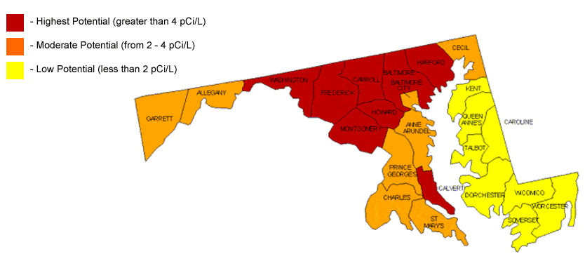 Radon Mitigation in Maryland - Have a radon test performed TODAY Radon in Maryland - Map of Risk Areas In Maryland